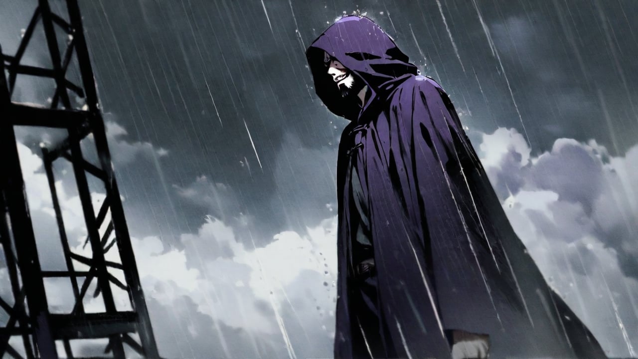 1man, black_eyes, wearing_dark_purple_cloak, dark_purple_hood, standing_on_tall_scaffolding, raining, black_beard, evil_smile, cloudy_background, windy