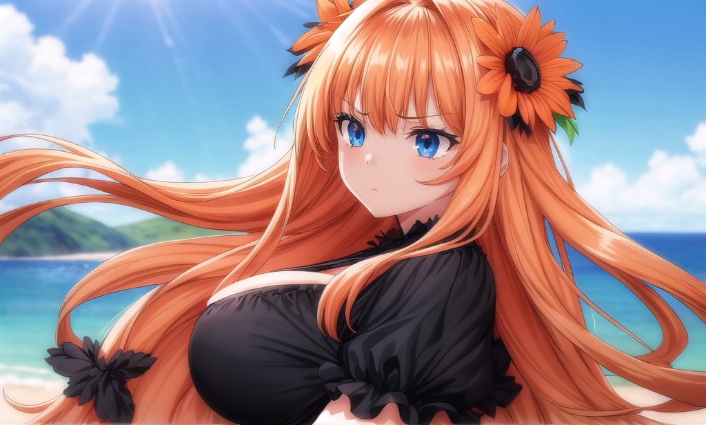 {1girl:1.49}, young_adult, serious_look, looking away, long_orange_fluffy_hair, blue_eyes, plain_black_dress, huge_breasts, island_background, front_facing, close_up_view, flower_crown, add_detail