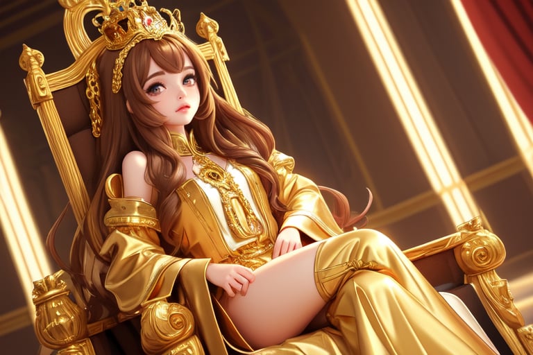 loli_queen, royal_robes, sitting_on_golden_throne, gold_eyes, long_brown_hair, 1catgirl, golden_crown, ;), facing_front, big_eyelashes