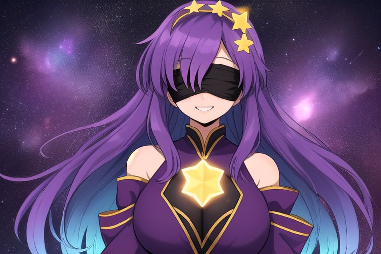 celestial_being, long_purple_hair, giant_breasts, eyes_covered_by_blindfold, facing_front, half_body_view, celestial_purple_robes, purple_aura, space_background, de-attached_shoulders, purple_flower_crown, smiling, 4-sided-star_symbol_on_chest