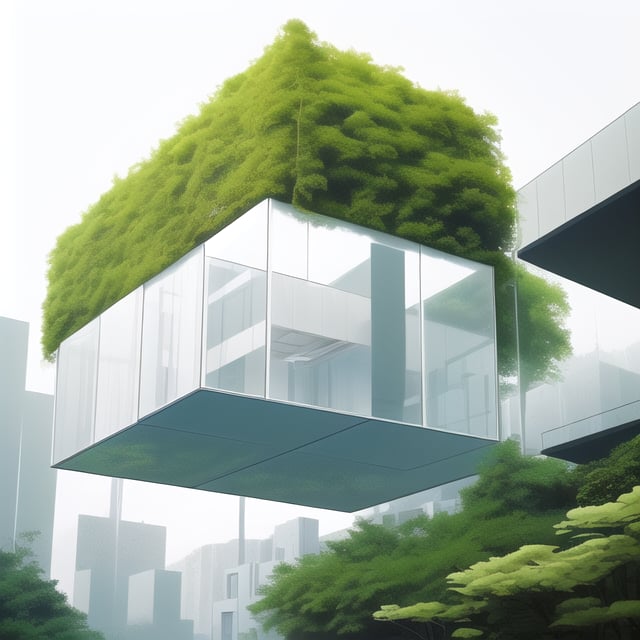 cubic house, floating, modern, floating in the sky, white, minimalistic, oversized windows, plants, beautiful natural landscape