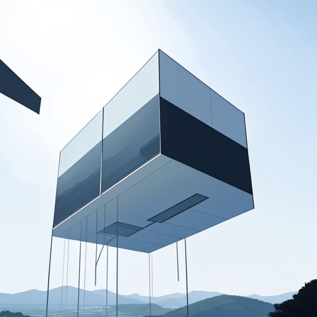 cubic house, floating, modern, floating in the sky, white, minimalistic, oversized windows, beautiful natural landscape