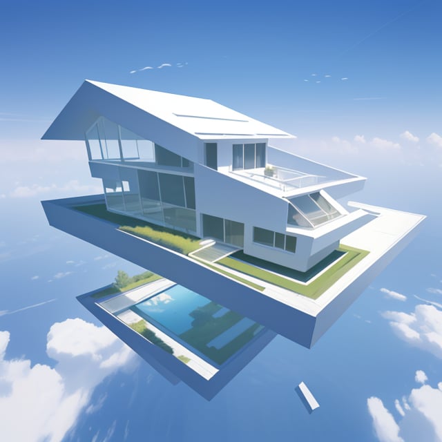 cubic house, floating, modern, floating in the sky, white, minimalistic, oversized windows, beautiful natural landscape