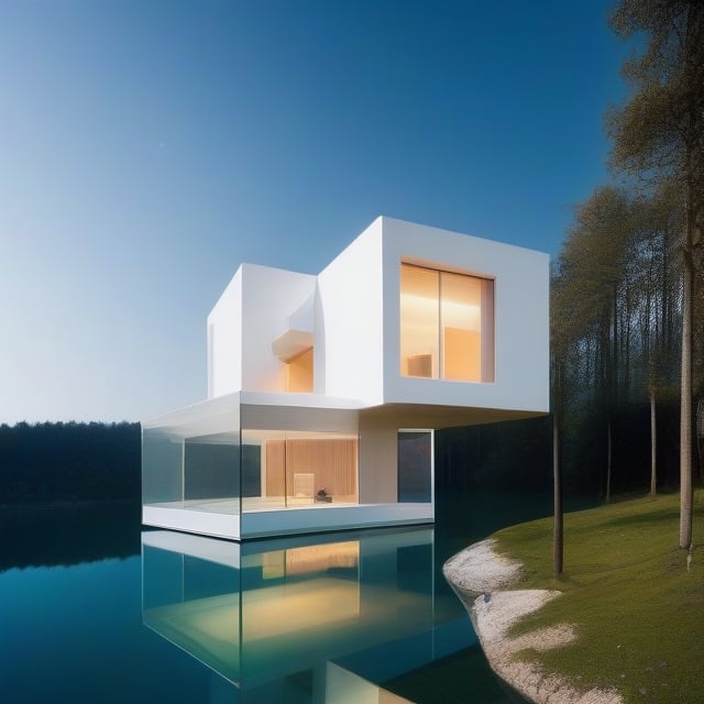 cubic house, floating, modern, floating in the sky, white, minimalistic, oversized windows, beautiful natural landscape