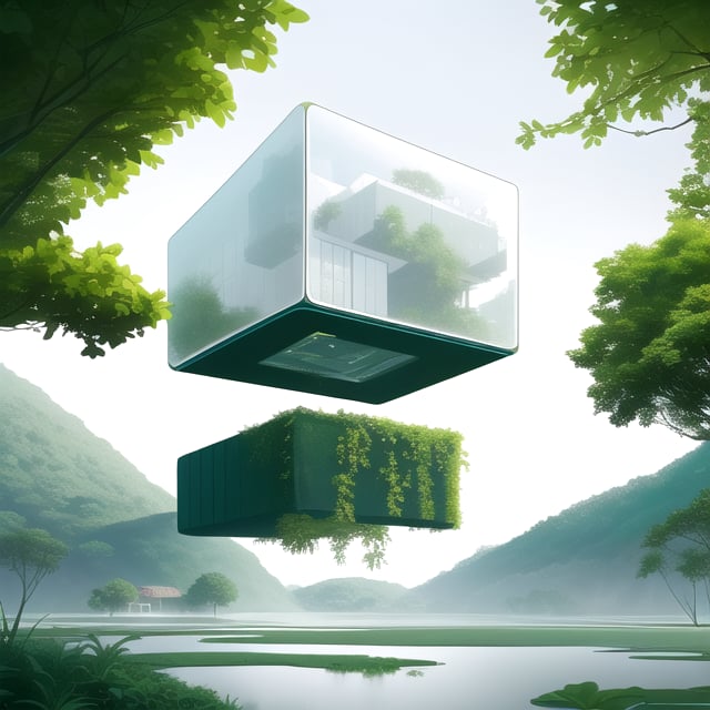 cubic house, floating, modern, floating in the sky, white, minimalistic, oversized windows, plants, beautiful natural landscape