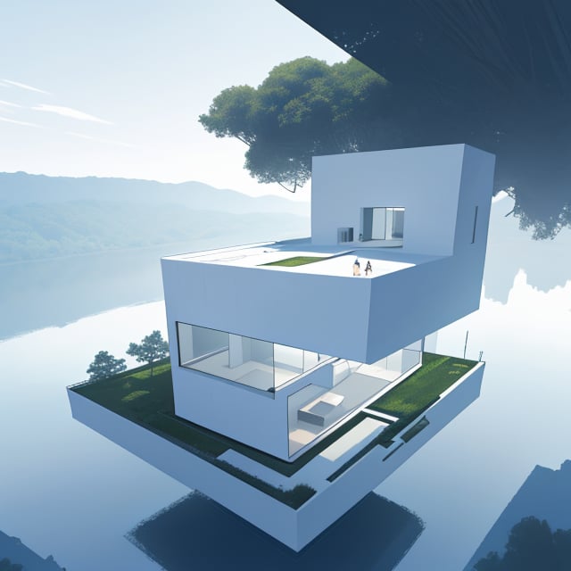 cubic house, floating, modern, floating in the sky, white, minimalistic, oversized windows, beautiful natural landscape