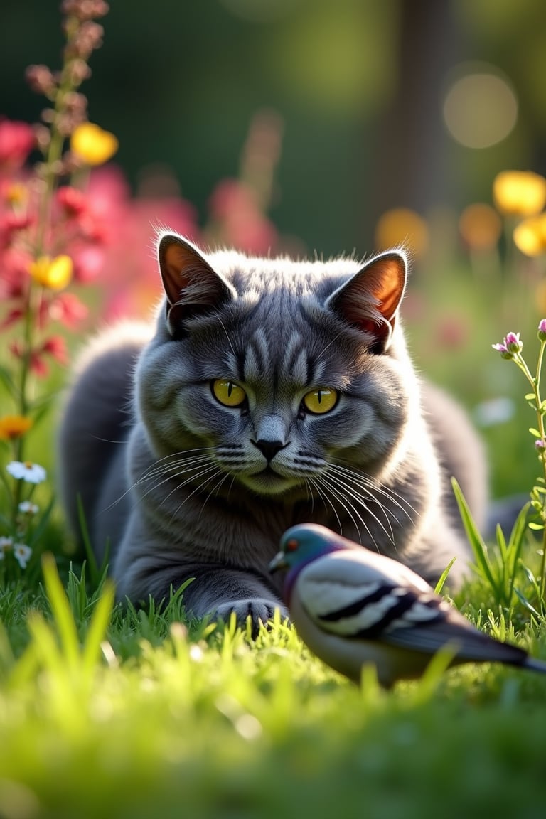 A majestic blue British Shorthair cat, fur glistening in the warm sunlight, lies camouflaged in the lush green grass of the park. Whiskers twitching, eyes fixed intently on a unsuspecting pigeon foraging nearby, the cat's paws remain poised and ready to strike. The scene is set amidst vibrant flora, with dappled shadows casting an intimate atmosphere.