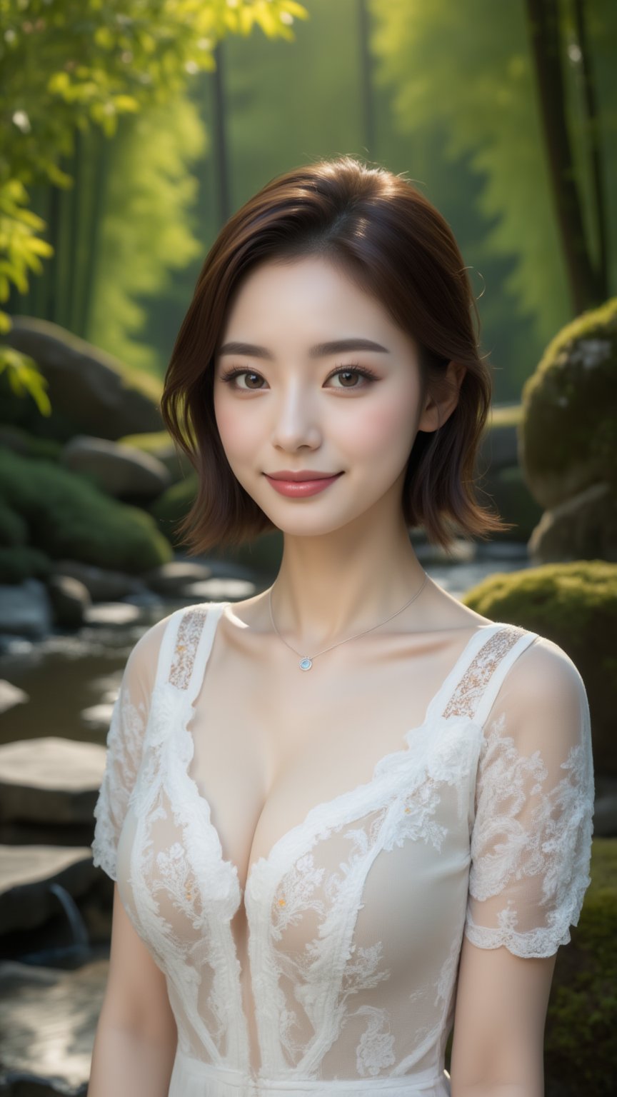 Prompt: Photorealistic, lifelike image, Photo of a Beautiful Korean woman, 24yo, stunning, (medium-short dark brown hair), double eyelids, highly detailed glossy eyes, glossy full lips, detailed facial, daily makeup, lipstick, natural round medium-large breasts, slender legs, curvaceous figure, (pale skin), skin pores, detailed skin texture, necklace, translucent ornate embroidered short-sleeves white dress, haute couture, frosted silver stilettos. (Zen Garden), bamboo forest, mosses stone, mosses, stream, (tyndall effect, light rays), sharp focus, charming smile face, (smile), look at camera, fashion model like posing for photo, detailed facial, detailed skin texture, detailed hair, detailed fabric rendering, detailed background,