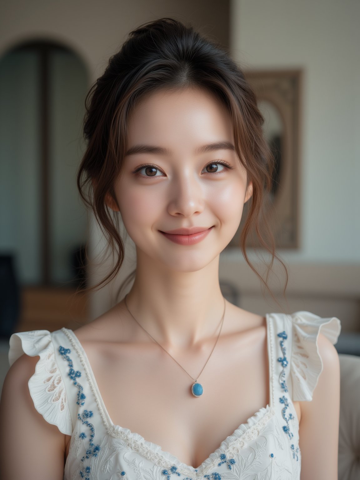 A captivating full-body portrait of a 22-year-old Korean woman with medium-short brown hair, double eyelids, and glossy eyes that seem to sparkle. Her oval-shaped face is aglow with a charming smile, accentuating her natural round breasts and alluring curves. The focus is sharp on her upper body, while the blurred background enhances her stunning features. A white sleeveless dress adorned with ornate embroidery and tiny blue stones adds a touch of elegance. The delicate play of lights and shadows highlights her pale skin texture, creating a cinematic masterpiece.