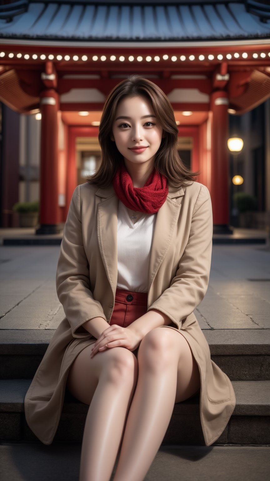 Photorealistic, lifelike photo, Photo of young Beautiful Japanese woman, 1girl, stunning, (medium-short brown inward hair), double eyelids, highly detailed glossy eyes, round chin, (detailed facial), medium-large breasts, slender legs, pale skin, detailed skin texture, (supermodel like figure), beige coat, knits dress, white heeled boots, red scarf, (sitting on stairs), (in front of the shrine), (nice hands on thighs), night, dark theme, nighttime, (huge majestic shrine on background), (snowy shrine, heavy snow on shrine), cold, fashion model posing, full body portrait, sharp focus, (charming smile face), looking at camera, (enchanting smile), from front side, wide angle, highly details, medium-short hair, (beautiful long-legged), detailed fabric rendering, detailed background, (night view), landscape