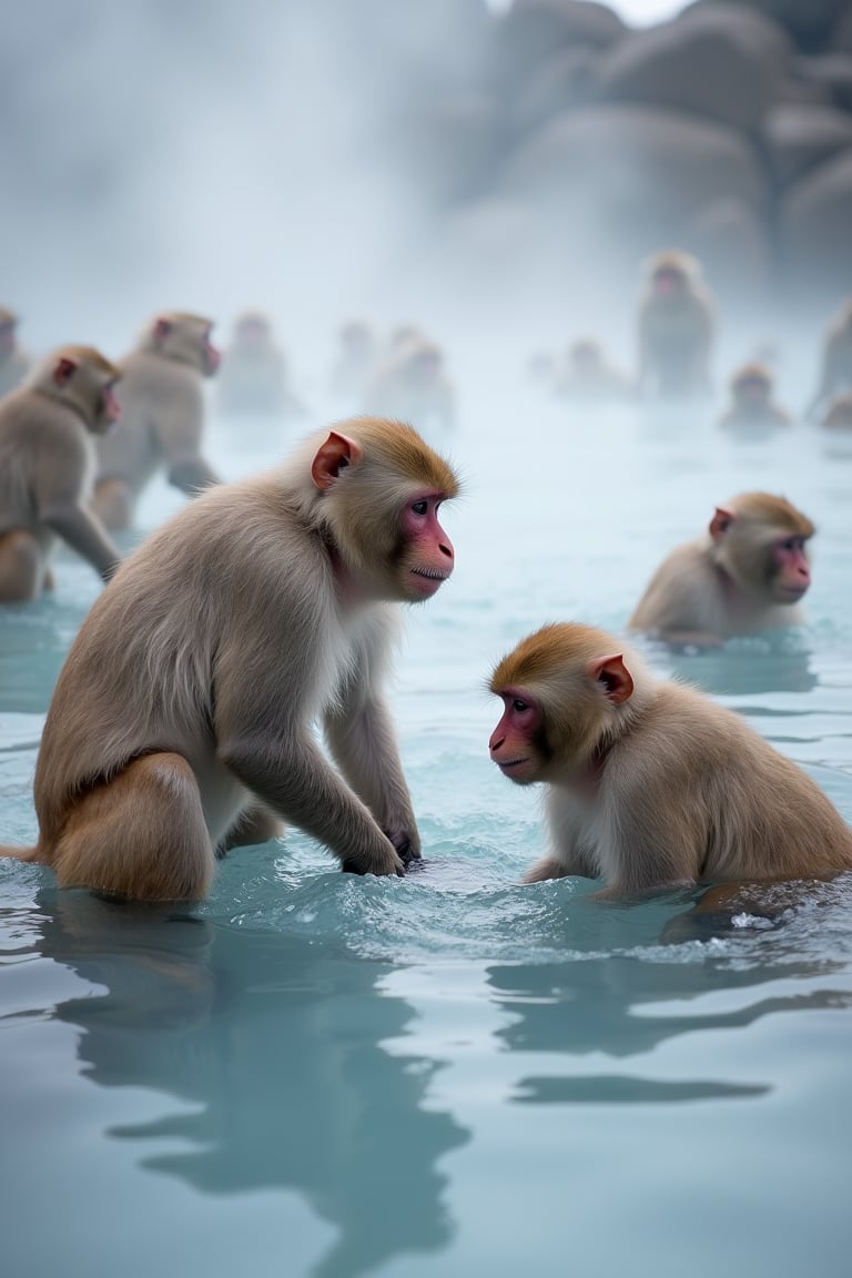 A serene winter morning at Jigokudani Monkey Park, Japan. A group of Japanese wild macaques gather around the natural hot springs, their fur fluffed against the cold air. Steam rises from the bubbling water as the monkeys immerse themselves, their playful chatter and gentle splashing filling the crisp atmosphere.