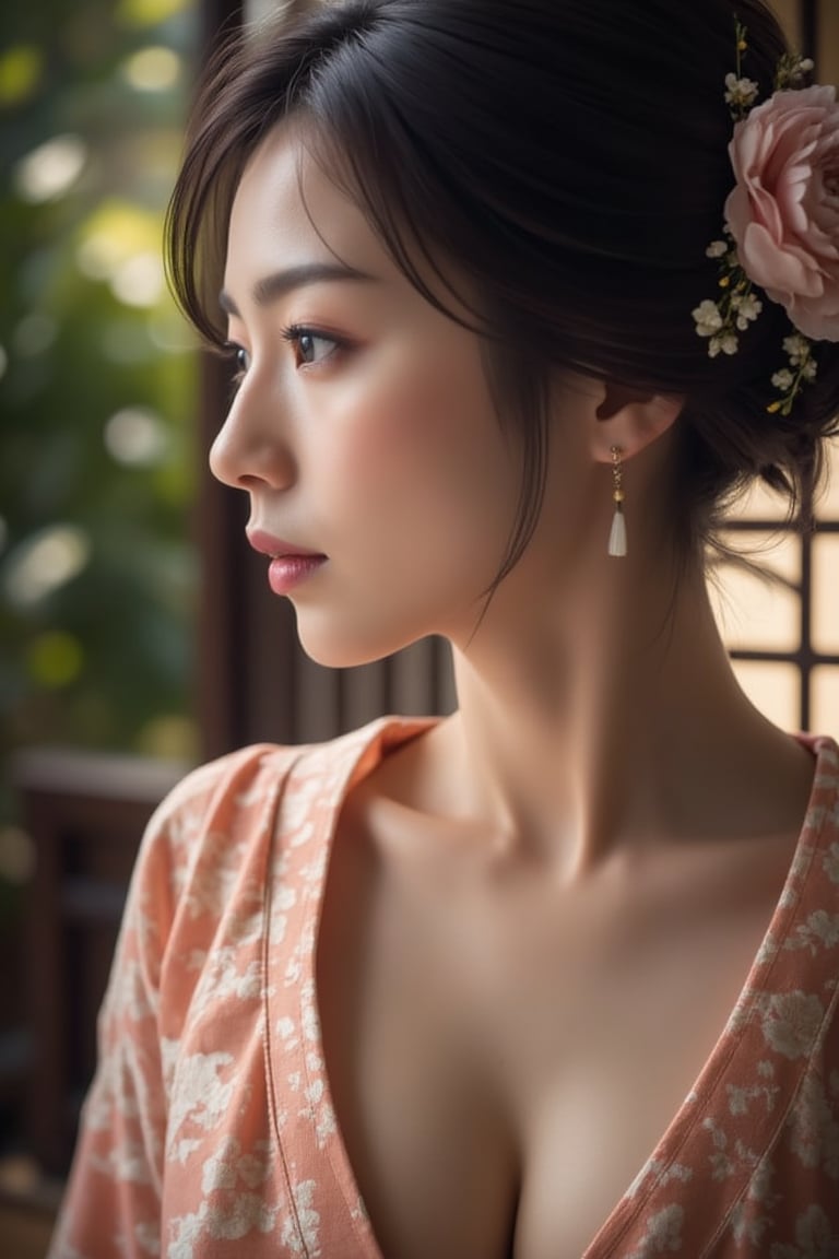 A stunningly beautiful Japanese woman, salmon-colored kimono, cinematic, highly details, immersive atmosphere, impeccably detailed, visually stunning, transfixing looks, emotive depth, artistic emotionality, compelling glances, 