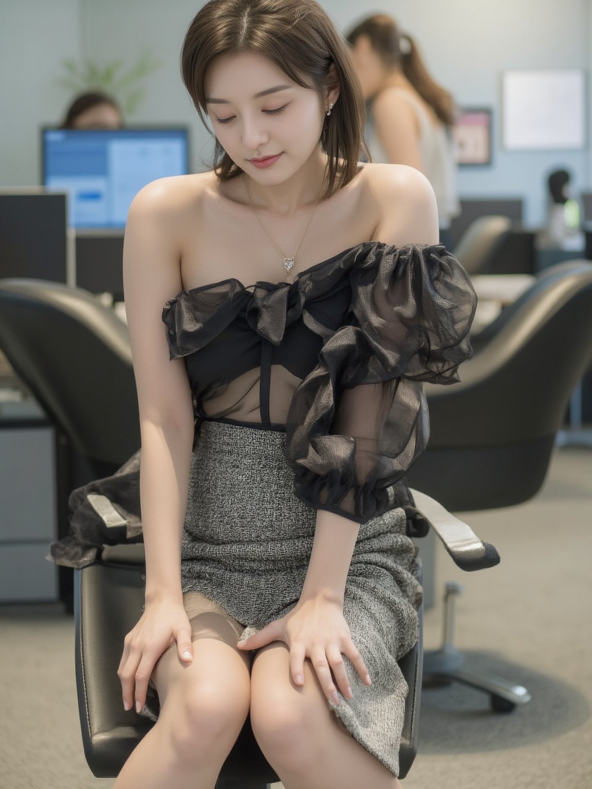 a 30-year-old Korean woman sits confidently on an office chair. Medium-short brown hair cascades over shoulders, her double eyelids and charming smile captivating the viewer. Her slender legs are showcased in luxurious pumps, while a fitted translucent shirt and tweed skirt accentuate her perfect body shape. The blurred background features a few distant figures, grounding the scene in reality. From a low-angle perspective, the camera captures every detail of her facial features and skin texture, rendering her in stunning high-definition.