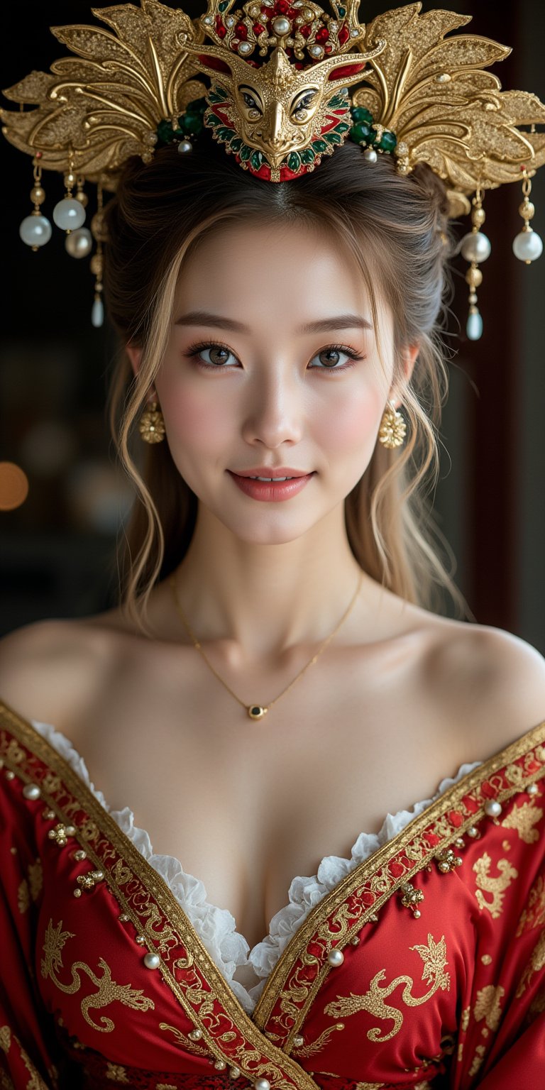 A stunning (Asian woman), wearing an opulent ancient Chinese empress costume,Her Slavic features, -blue eyes and fair skin, contrast beautifully with the ornate Chinese attire, Elaborate headdress adorned with gold filigree, jade beads, and hanging pearls, Intricate phoenix crown with delicate golden leaves and gemstones,Layered silk robes in rich red and gold, embroidered with dragons and auspicious symbols, Wide, flowing sleeves with detailed embroidery, Ornate collar piece studded with precious stones,Long blonde hair partially visible beneath the headdress,Beautiful woman,Photorealistic, cinematic 