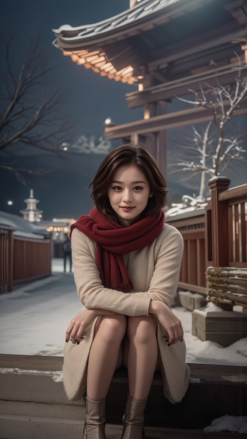 Photorealistic, Photo of young Beautiful Japanese woman, 1girl, stunning, (medium-short brown inward hair), double eyelids, highly detailed glossy eyes, (detailed facial), medium-large breasts, slender legs, pale skin, detailed skin texture, (supermodel like figure), beige snow coat, knits dress, stilettos boots, red scarf, (sitting on stairs), (in front of the shrine), (nice hands on thighs), night, dark theme, nighttime, (huge majestic shrine on background), (snowy shrine, heavy snow on shrine), cold, fashion model posing, full body portrait, sharp focus, (charming smile face), looking at camera, (enchanting smile), from front side, wide angle, highly details, medium-short hair, (beautiful slender legs), detailed fabric rendering, detailed background, (night view), landscape