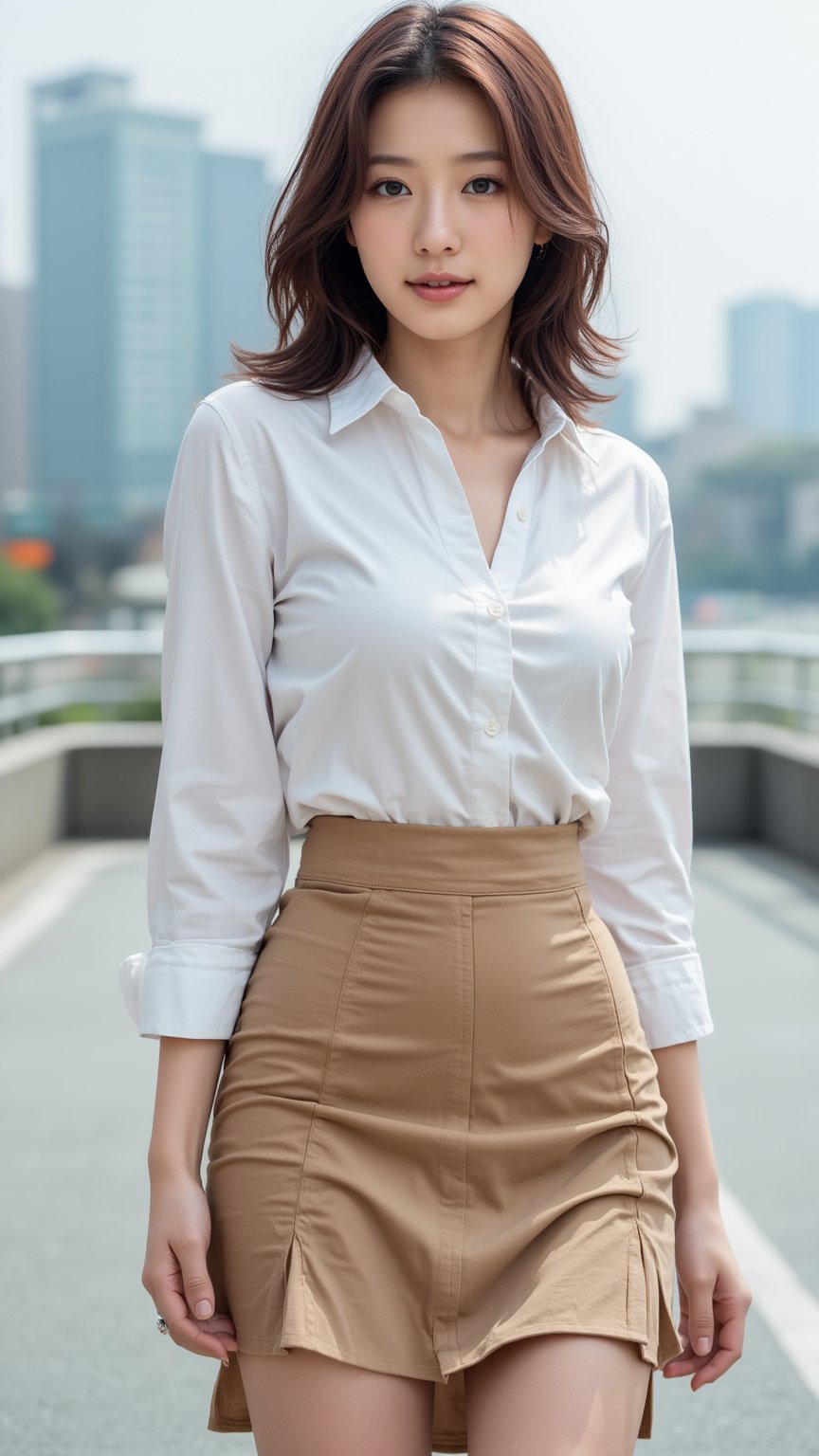 A young Beautiful Japanese woman, medium brown hair, ol outfit, white shirt, skirt, pumps, cityscape, sunny, sharp focus, charming smile face, fashion model posing, balanced body, beautiful legs, snapshot, amazing composition,