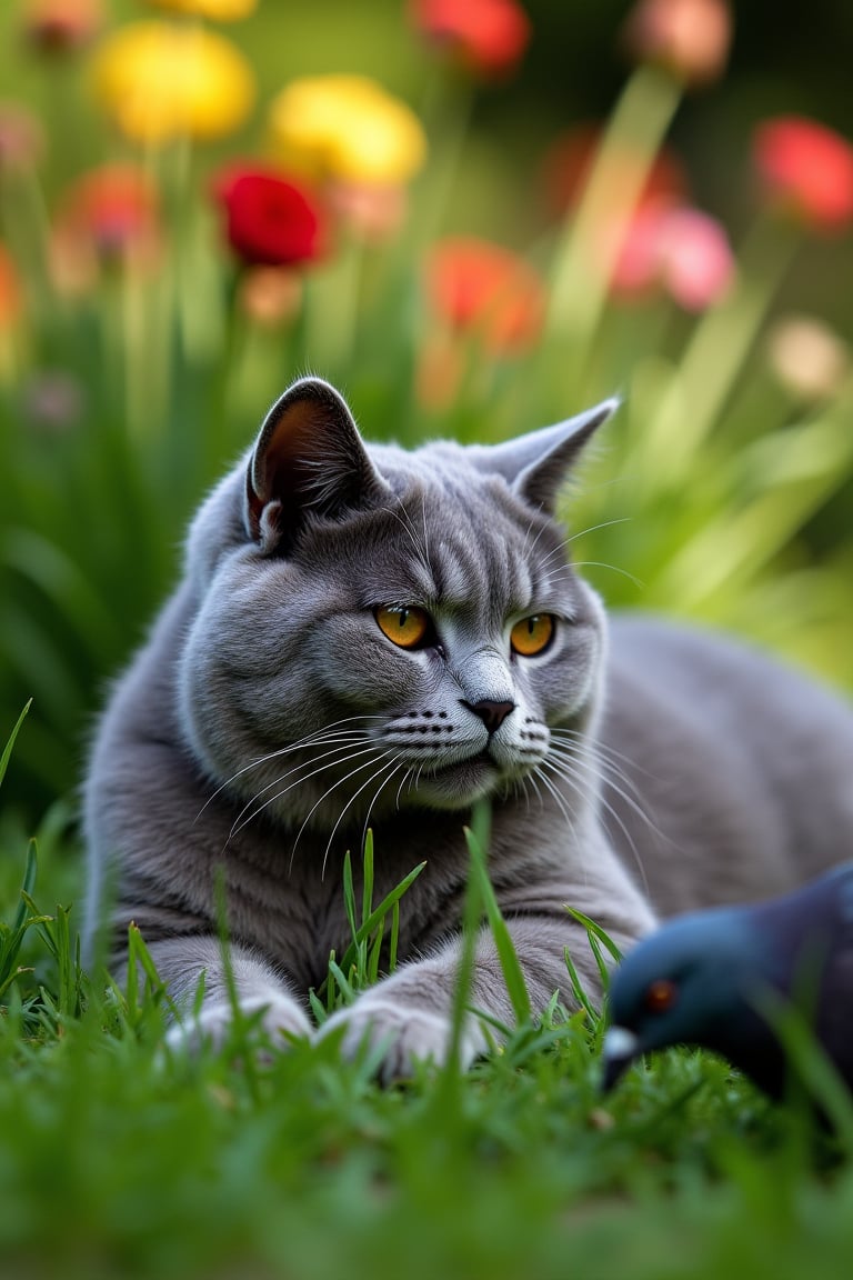 A majestic blue British Shorthair cat, fur glistening in the warm sunlight, lies camouflaged in the lush green grass of the park. Whiskers twitching, eyes fixed intently on a unsuspecting pigeon foraging nearby, the cat's paws remain poised and ready to strike. The scene is set amidst vibrant flora, with dappled shadows casting an intimate atmosphere.