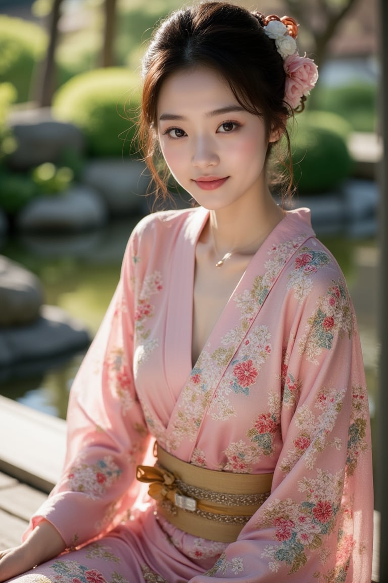 A beautiful Japanese girl, 23yo, oval face, double eyelids, highly detailed glossy eyes, busty body, full body portrait, luxurious pink kimono, ornate embroidery, wood slippers, Japan Zen garden, charming face, faint smile, look at camera, beautiful leg, cinematic, amazing composition, highly details,