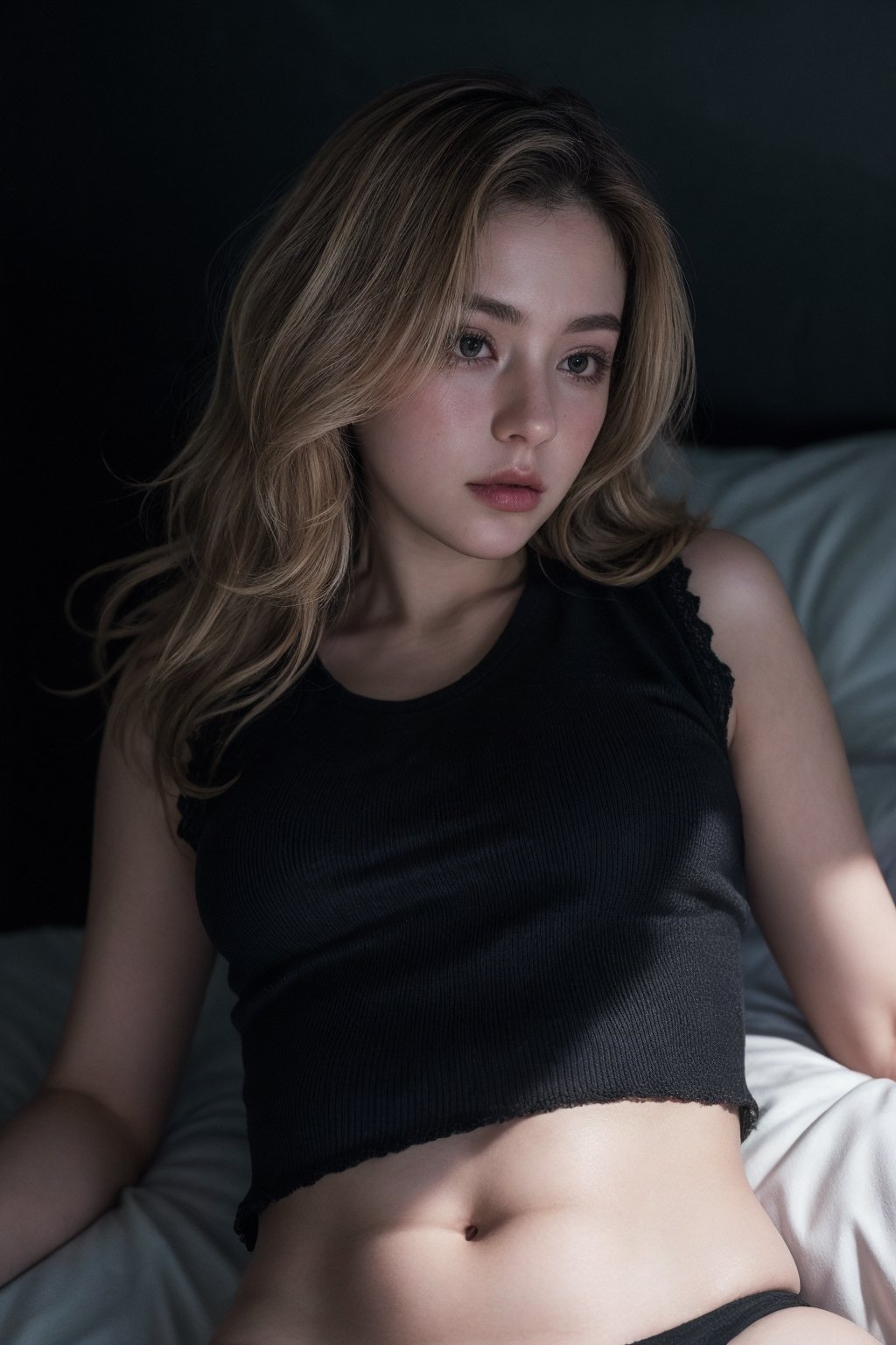 (Best quality, 8k, 32k, raw photo, photorealistic, UHD:1.2),lifelike rendering, (upper body portrait:1.2), Photo of Beautiful caucasian woman, 1girl, 24yo, stunning, (medium blonde wavy hair), double eyelids, detailed facial, perfect round medium-large breasts, cleavage, wide hips, slender legs, plump figure, (pale skin:1.2), (white cotton vest), lace thong, (dark bedroom:1.3), (lying on bed:1.2), (lying touching close side:1.4), just wake up, sharp focus, sexy face, charming, from side, (thighs focus:1.2), messy hair, detailed fabric rendering, (low key, dark theme, in the dark:1.3),