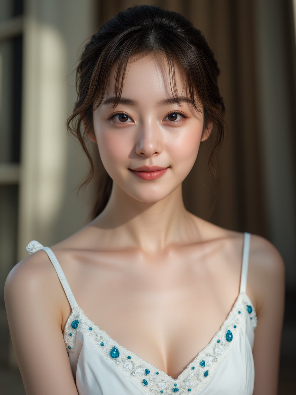 A captivating full-body portrait of a 22-year-old Korean woman with medium-short brown hair, double eyelids, and glossy eyes that seem to sparkle. Her oval-shaped face is aglow with a charming smile, accentuating her natural round breasts and alluring curves. The focus is sharp on her upper body, while the blurred background enhances her stunning features. A white sleeveless dress adorned with ornate embroidery and tiny blue stones adds a touch of elegance. The delicate play of lights and shadows highlights her pale skin texture, creating a cinematic masterpiece.