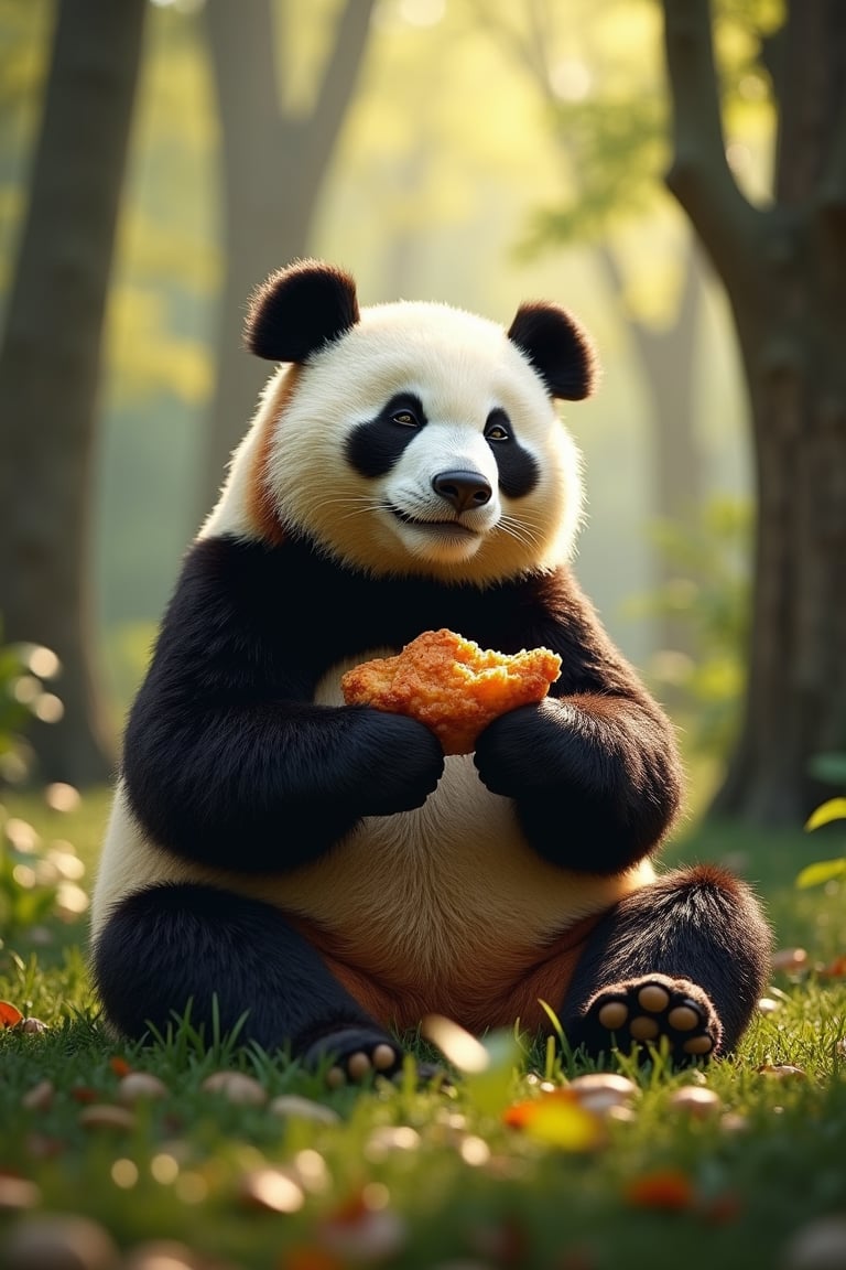 A serene woodland scene: a giant panda sits calmly amidst towering trees, its fur fluffed against the dappled sunlight filtering through the leafy canopy. The gentle giant cradles a succulent piece of fried chicken in its paw, eyes closed in rapturous delight as it savors the crispy, golden treat.