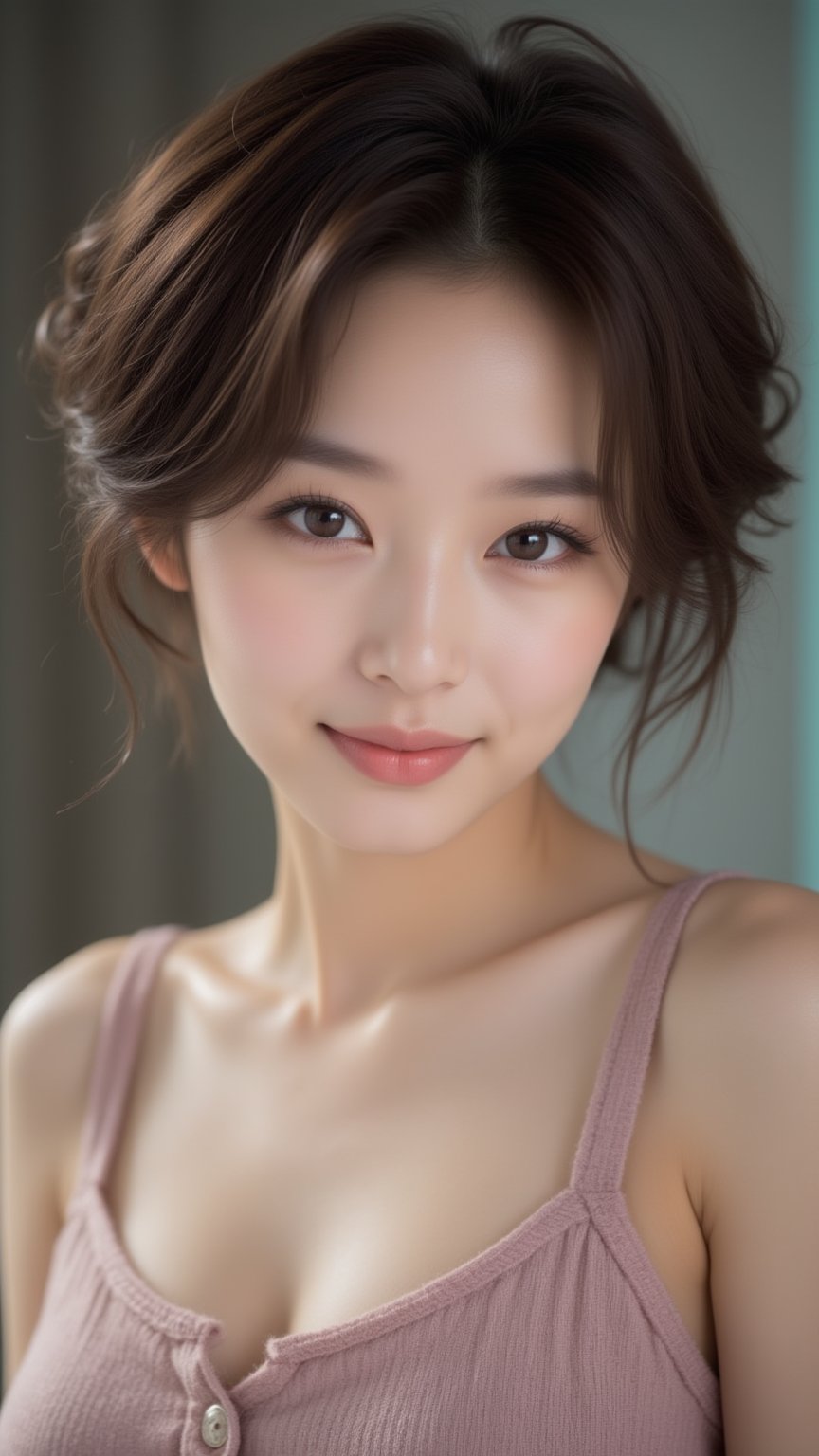 A Beautiful young Korean woman, stunning, short brown hair, oval face shape, (double eyelids), highly detailed glossy eyes, perfect body, daily outfit, charming smile face to camera, photorealistic, highly details, detailed facial, detailed skin texture, detailed fabric rendering 