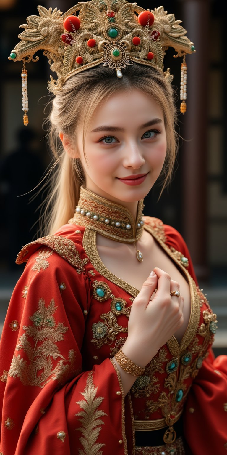 A stunning (Ukrainian woman), wearing an opulent ancient Chinese empress costume,Her Slavic features, -blue eyes and fair skin, contrast beautifully with the ornate Chinese attire, Elaborate headdress adorned with gold filigree, jade beads, and hanging pearls, Intricate phoenix crown with delicate golden leaves and gemstones,Layered silk robes in rich red and gold, embroidered with dragons and auspicious symbols, Wide, flowing sleeves with detailed embroidery, Ornate collar piece studded with precious stones,Long blonde hair partially visible beneath the headdress,Beautiful woman,Photorealistic,Fantasy detailers 