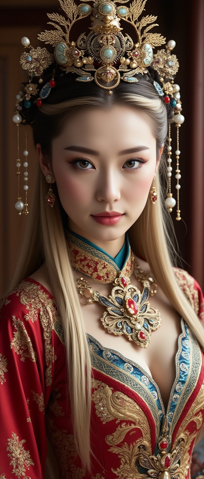 A stunning (Asian woman), wearing an opulent ancient Chinese empress costume,Her Slavic features, blue eyes and fair skin, contrast beautifully with the ornate Chinese attire, Elaborate headdress adorned with gold filigree, jade beads, and hanging pearls, Intricate phoenix crown with delicate golden leaves and gemstones,Layered silk robes in rich red and gold, embroidered with dragons and auspicious symbols, Wide, flowing sleeves with detailed embroidery, Ornate collar piece studded with precious stones,Long blonde hair partially visible beneath the headdress,Beautiful woman,Photorealistic, cinematic 