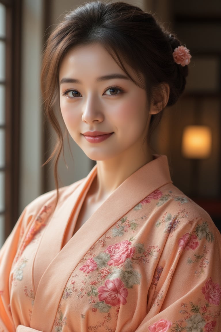 A beautiful Japanese woman, salmon-colored kimono, ornate embroidered floral patterns, cinematic, highly details