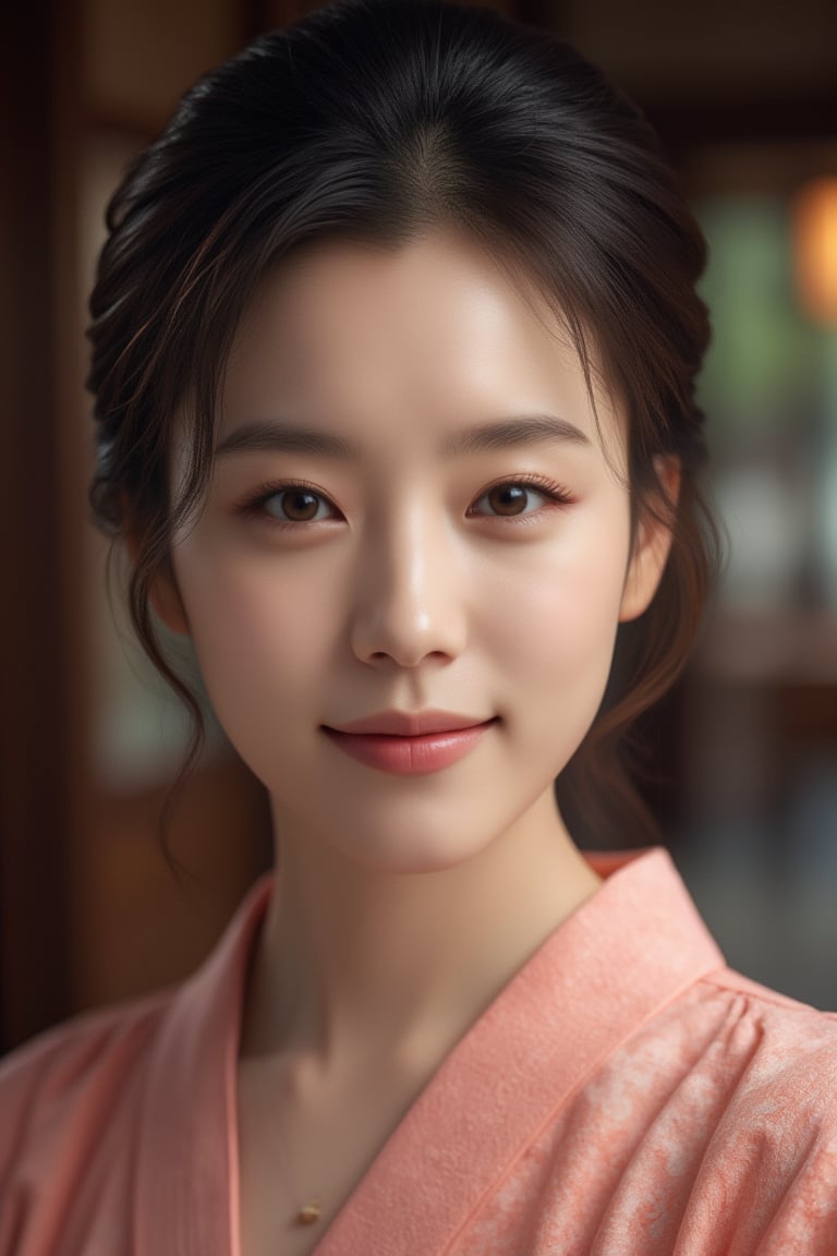 A stunningly beautiful Japanese woman, salmon-colored kimono, eyes on camera, cinematic, highly details, immersive atmosphere, impeccably detailed, visually stunning, transfixing looks, emotive depth, artistic emotionality, compelling glances, 