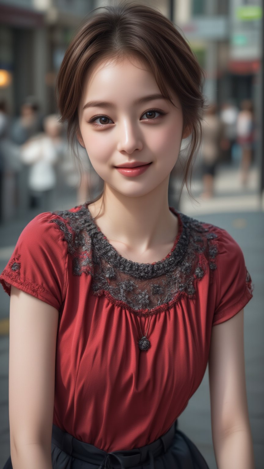 A Beautiful young Korean woman, stunning, short brown hair, oval face shape, (double eyelids), highly detailed glossy eyes, detailed facial, perfect body, beautiful legs, daily outfit, charming smile face to camera, photorealistic, highly details 