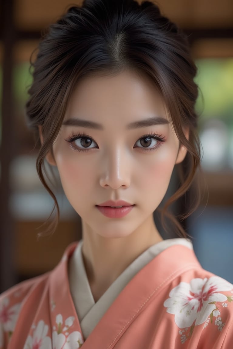 A stunningly beautiful Japanese woman, salmon-colored kimono, eyes on camera, cinematic, highly details, immersive atmosphere, impeccably detailed, visually stunning, transfixing looks, emotive depth, artistic emotionality, compelling glances, 