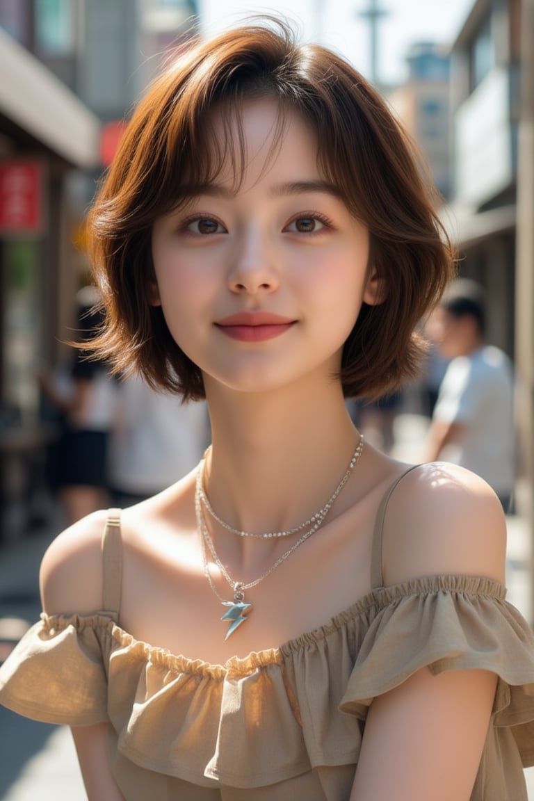 A stunning Japanese woman, 24 years old, poses outdoors amidst a vibrant street scene. Her short brown hair is styled effortlessly, framing her expressive eyes and detailed facial features. A charming smile plays on her lips as she wears a short-sleeve dress with a tiny thunderbolt sign charm necklace. Pale skin glows under the bright sunlight, showcasing lifelike rendering. She stands confidently, surrounded by urban textures and architectural details, with a modern street style outfit that complements her slender, busty physique.