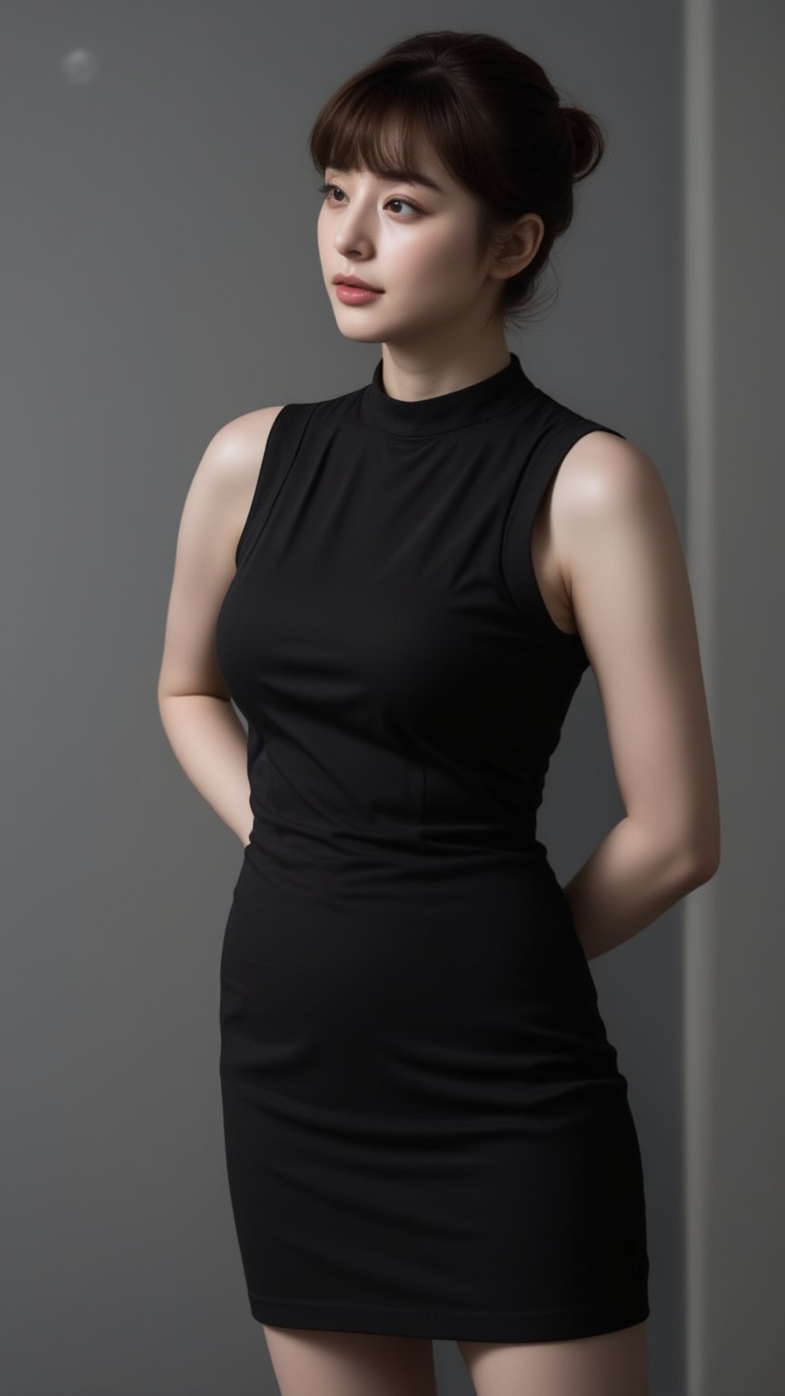 a woman stands in a black sleeveless dress, adorned with a high neckline. Her hair is styled in a sleek bob, adding a touch of movement to her face. The dress is fitted to her body, accenting a sleek black color. The backdrop is a stark grey, creating a stark contrast to the woman's dress.