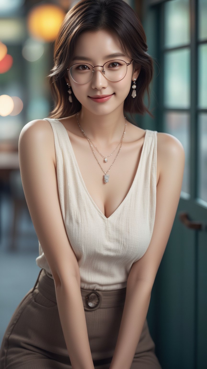 A Beautiful Young Korean woman, short brown hair, double eyelids, natural face, perfect body, beautiful legs, slender figure, daily outfit, wearing glasses, casual posing, charming smile face, eyes on camera, photorealistic, 