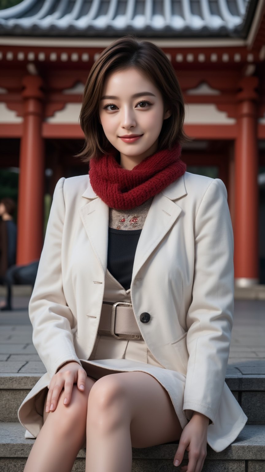 Photorealistic, lifelike photo, Photo of young Beautiful Japanese woman, 1girl, stunning, (medium-short brown inward hair), double eyelids, highly detailed glossy eyes, round chin, (detailed facial), medium-large breasts, slender legs, pale skin, detailed skin texture, (supermodel like figure), white coat, knits dress, white heeled boots, red scarf, (sitting on stairs), (in front of the shrine), (nice hands on thighs), night, dark theme, nighttime, (huge majestic shrine on background), (snowy shrine, heavy snow on shrine), cold, fashion model posing, full body portrait, sharp focus, (charming smile face), looking at camera, (enchanting smile), from front side, wide angle, highly details, medium-short hair, (beautiful long-legged), detailed fabric rendering, detailed background, (night view), landscape