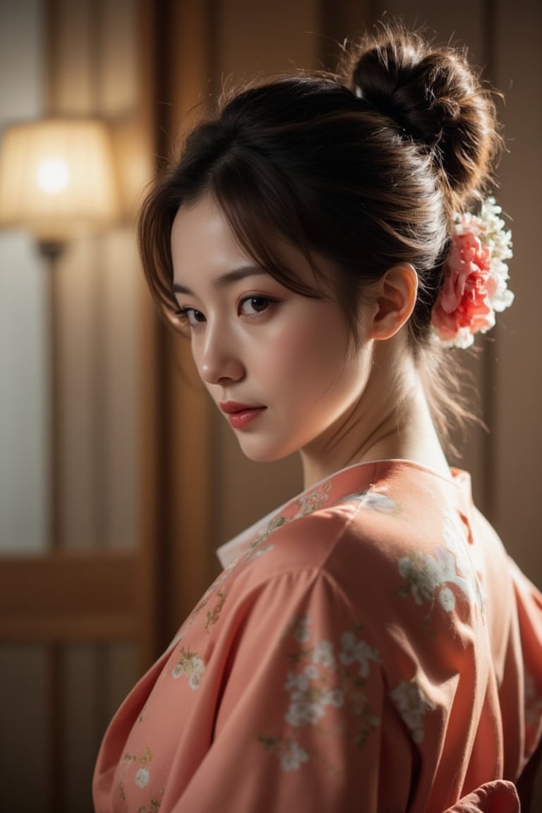 A stunningly beautiful Japanese woman, salmon-colored kimono, cinematic, highly details, immersive atmosphere, impeccably detailed, visually stunning, transfixing looks, emotive depth, artistic emotionality, compelling glances, 