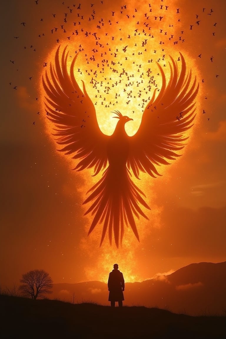 A majestic shot captures the awe-inspiring moment as a flock of thousands of birds soar towards the mystical Phoenix, shrouded in an aura of fiery flames. The viewer's gaze is drawn to the silhouette of the Phoenix's shape, partially obscured by the radiant inferno, its true form hidden from view. Against a backdrop of darkened skies, the intense warmth and light of the flames illuminate the surrounding landscape, as the birds' wings beat fiercely in unison, their formation a mesmerizing blur of feathers and motion.