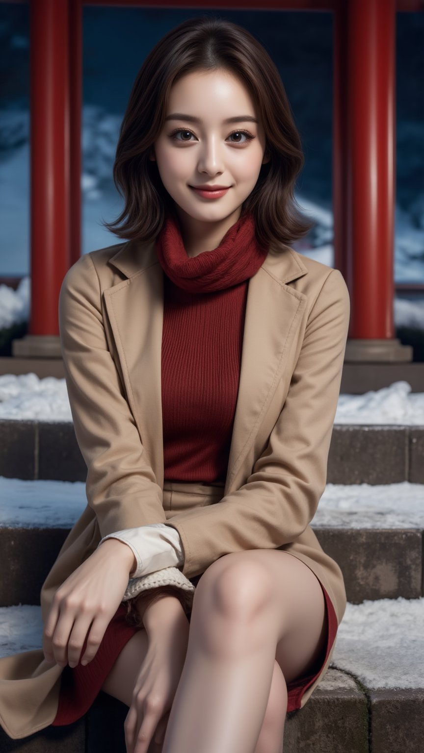 Photorealistic, lifelike photo, Photo of young Beautiful Japanese woman, 1girl, stunning, (medium-short brown inward hair), double eyelids, highly detailed glossy eyes, (detailed facial), medium-large breasts, slender legs, pale skin, detailed skin texture, (supermodel like figure), beige coat, knits dress, white heeled boots, red scarf, (sitting on stairs), (in front of the shrine), (nice hands on thighs), night, dark theme, nighttime, (huge majestic shrine on background), (snowy shrine, heavy snow on shrine), cold, fashion model posing, full body portrait, sharp focus, (charming smile face), looking at camera, (enchanting smile), from front side, wide angle, highly details, medium-short hair, (beautiful long-legged), detailed fabric rendering, detailed background, (night view), landscape