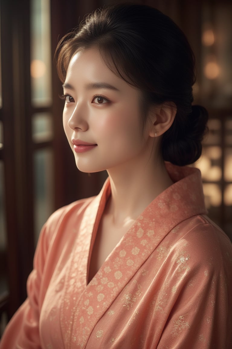 A stunningly beautiful Japanese woman, salmon-colored kimono, cinematic, highly details, immersive atmosphere, impeccably detailed, visually stunning, transfixing looks, emotive depth, artistic emotionality, compelling glances, 