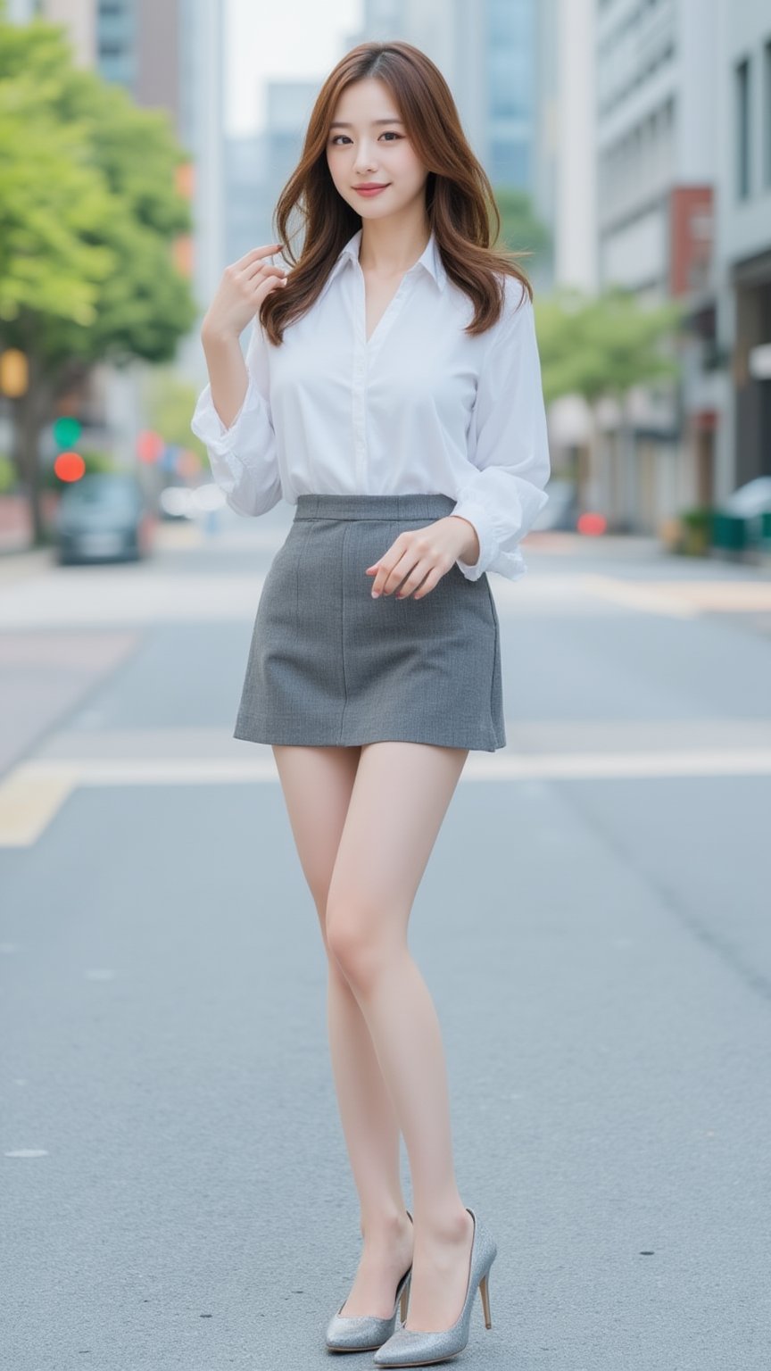 A young Beautiful Japanese woman, medium brown hair, ol outfit, white shirt, skirt, pumps, cityscape, sunny, sharp focus, charming smile face, fashion model posing, balanced body, beautiful legs, snapshot, amazing composition,