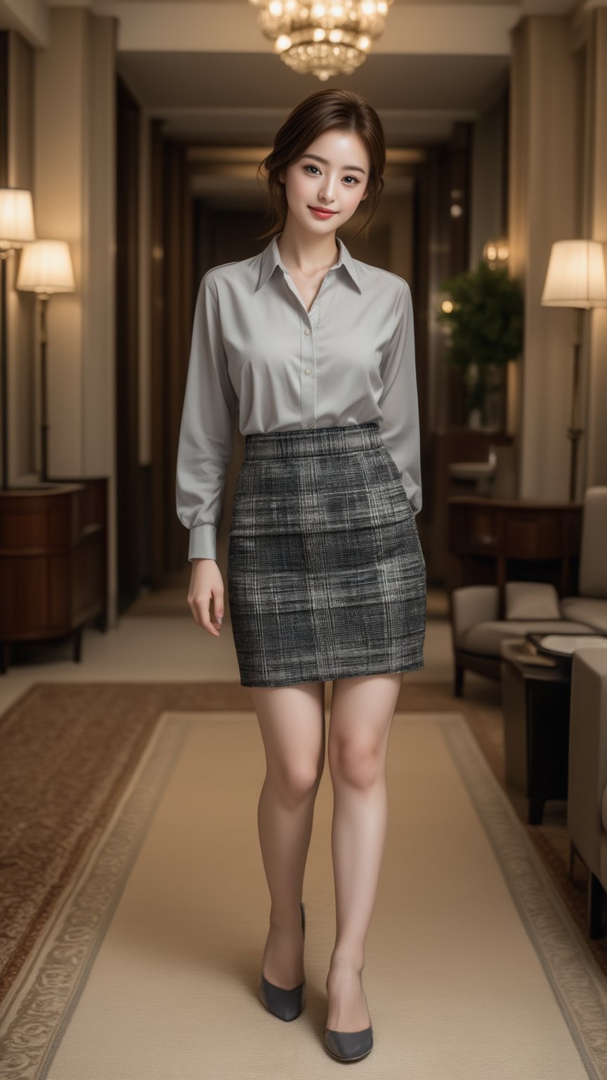 Prompt: a 30yo beautiful asian woman. stunning, medium brown updo hair, double eyelids, detailed facial, medium-large breasts, full hips, ((slender legs)), curvaceous body. She is wearing a fitted shirt, a tweed skirt, and a luxurious grey blue pumps. at hotel room, coming back from bathroom, She has a charming smile on her face, looking at camera. sharp focus full-body, detailed skin texture, cinematic, lifelike rendering ,