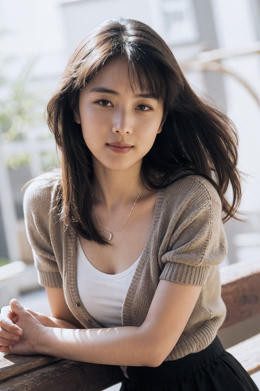 (Best quality, 8k, 32k, Masterpiece, Stunning, Photoreal, high contrast, raw photo, UHD:1.2),Photo of Beautiful Japanese woman, 1girl, 24yo, (medium dark brown hair), (slender eyebrows:1.2), double eyelids, highly detailed glossy eyes, glossy lips, detailed facial, natural round large breasts, wide hips, slender legs, curves body, pale skin, clean skin, detailed skin texture, highly details, necklace, street style outfit, cardigan, short-sleeves shirt, flowey skirt, heels, simple background, bench, sharp focus, (full body composition), charming face, expressive eyes, smile, look at viewer, dynamic angle, legs focus, detailed facial, detailed hair, detailed fabric rendering, detailed background,