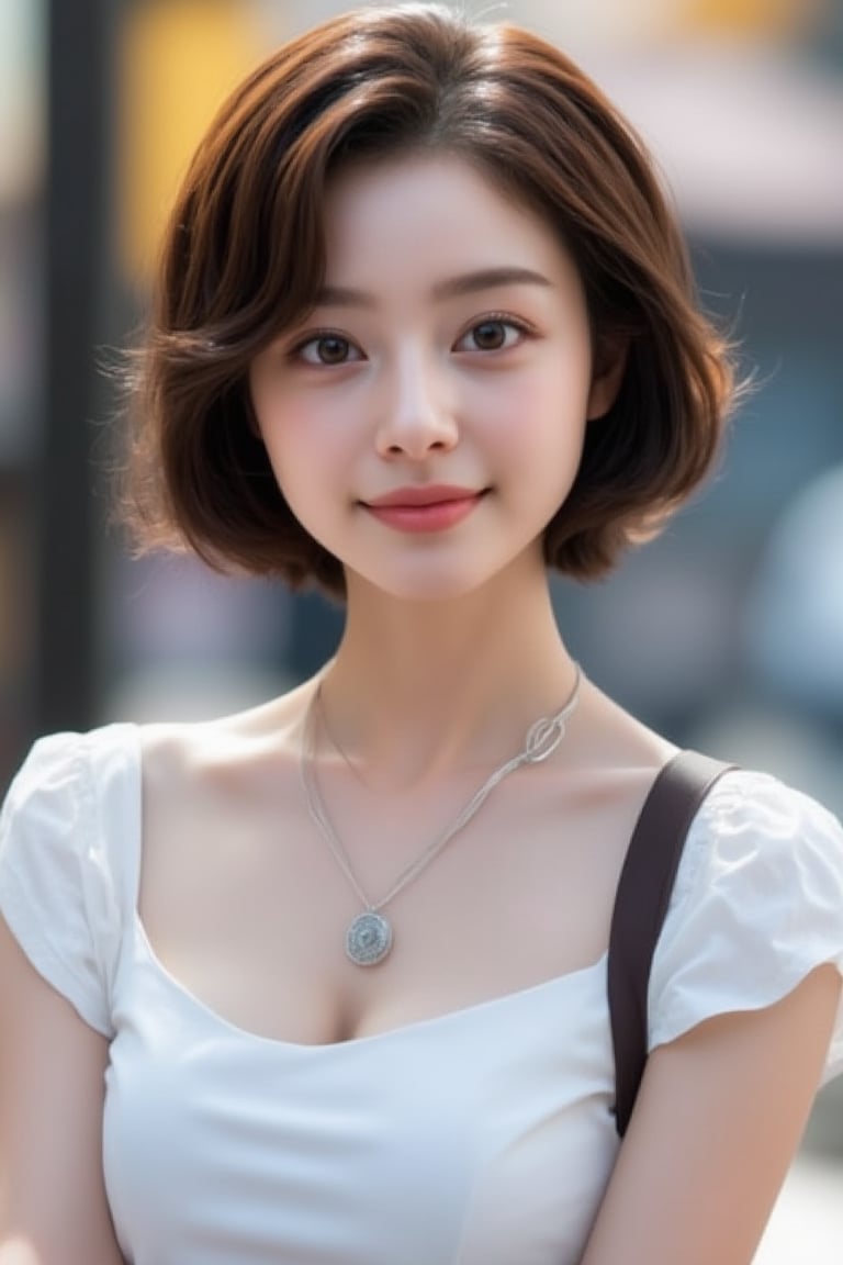 A beautiful Japanese woman, 24 years old, short brown hair, expressive eyes, detailed face, charming smile, slender busty body, pale skin, street style outfit, short-sleeve dress, posing outdoors in a bright, street snap, highly details, Photorealistic, cinematic,