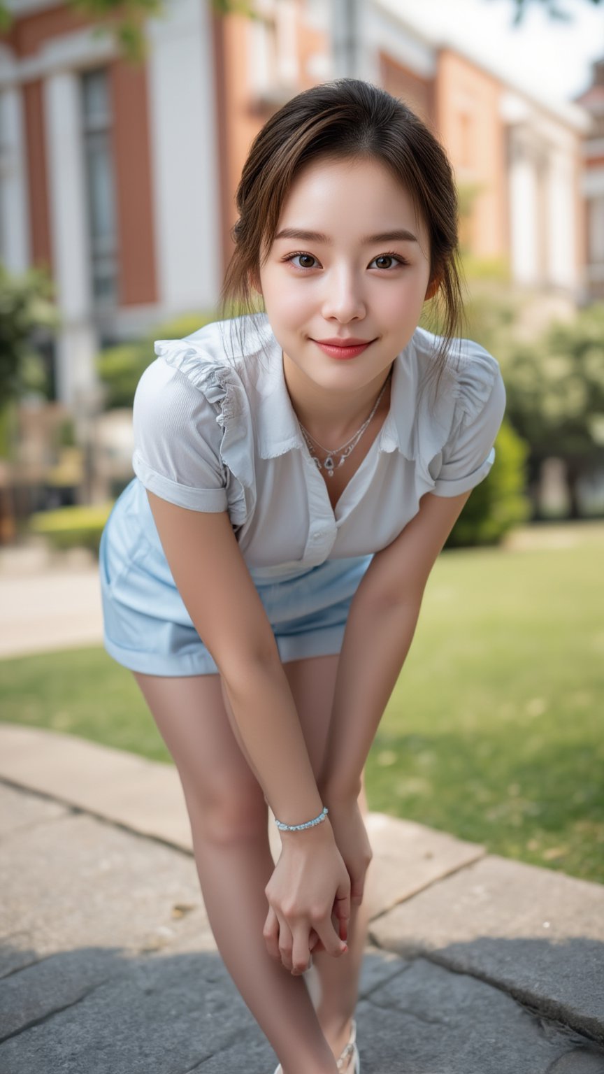 A Beautiful Young Korean woman, oval-face, short brown hair, double eyelids, beautiful face, perfect slender body, beautiful legs, daily outfit, stilettos sandals, sharp focus, sexy face, charming smile, face to camera, photorealistic, highly details 