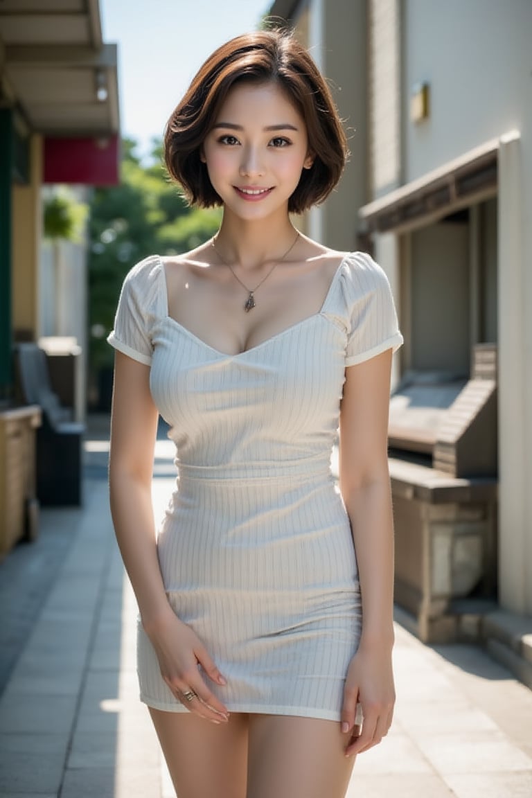 A stunning 24-year-old Japanese woman poses confidently amidst a vibrant street scene, her short brown hair framing expressive eyes and detailed facial features. A charming smile plays on her lips as she wears a short-sleeve dress with a necklace, her pale skin glowing under bright sunlight that showcases her beautiful legs. She stands surrounded by urban textures, architectural details, and a modern street style outfit that complements her slender, busty physique. The camera captures her full-body portrait from head to toe, highlighting the contrast between her delicate features and the bustling cityscape.