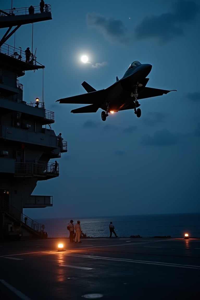 A dramatic shot of a US military F-22 Raptor fighter jet being ejected from an aircraft carrier's deck at dusk, with the darkening sky and moonlit sea serving as a stark backdrop. The plane's sleek silhouette is illuminated by the faint glow of navigation lights, while the ship's massive deck and the pilots' anxious stance convey a sense of urgency and action.