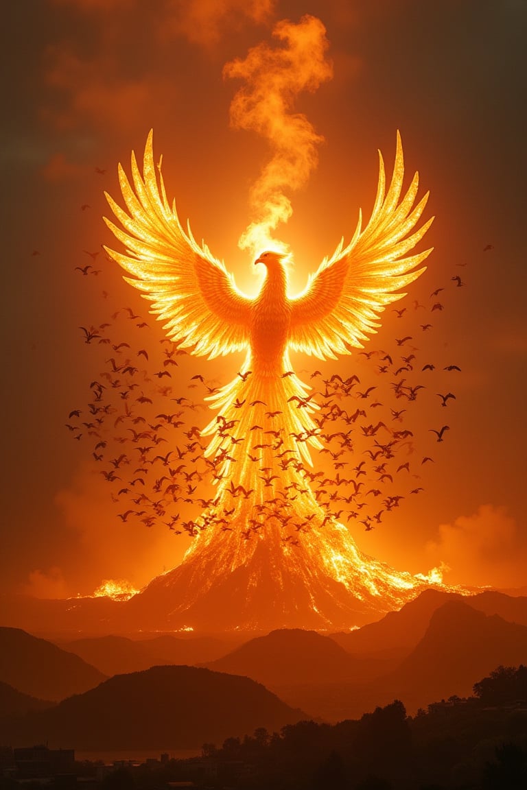 A majestic shot captures the awe-inspiring moment as a flock of thousands of birds soar towards the mystical Phoenix, shrouded in an aura of fiery flames. The viewer's gaze is drawn to the silhouette of the Phoenix's shape, partially obscured by the radiant inferno, its true form hidden from view. Against a backdrop of darkened skies, the intense warmth and light of the flames illuminate the surrounding landscape, as the birds' wings beat fiercely in unison, their formation a mesmerizing blur of feathers and motion.