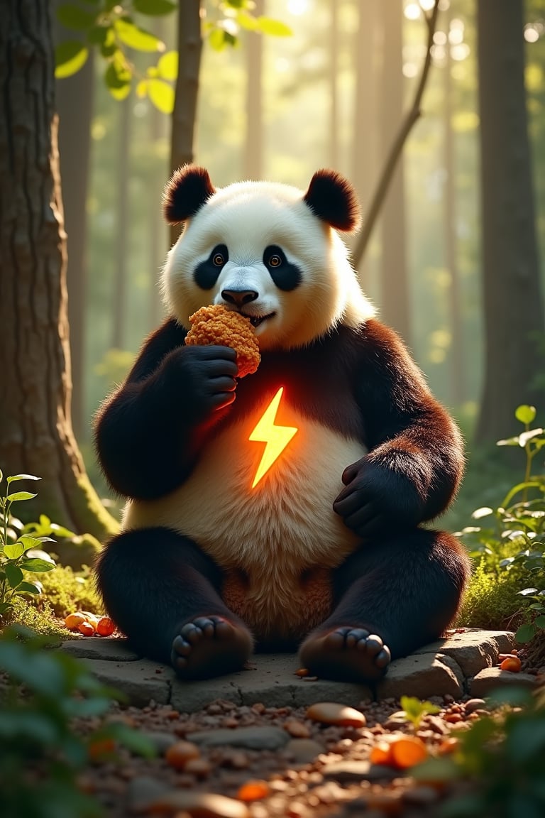 In a lush, sun-dappled clearing deep within the woods, a giant panda sits comfortably on a natural rock formation, surrounded by tall trees and underbrush. He holds a crispy piece of fried chicken in his paw, taking a leisurely bite as he savors the savory flavors. The lighting is soft and warm, casting dappled shadows across the forest floor. panda body have a glowing thunderbolt sign mark