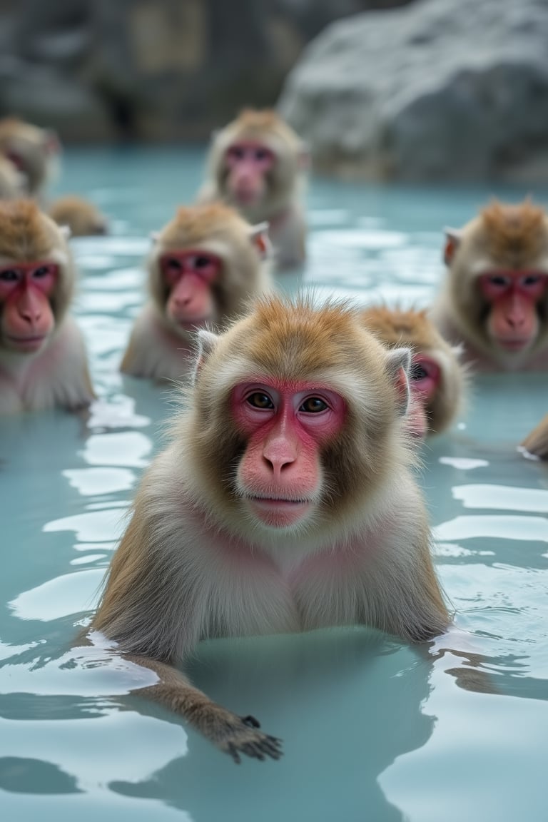 Jigokudani Monkey Park, a group of Japanese wild macaques bathing in hot springs